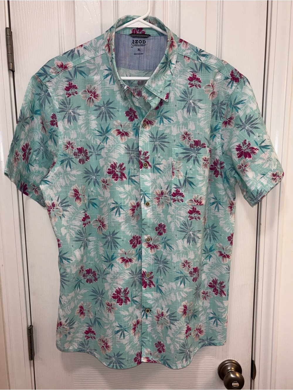 Izod Mint Green Floral Short-Sleeve Button Down Shirt with Pink Accents